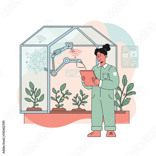 Female Agricultural Scientist Using Robotic Automation in Greenhouse for Plant Research and Monitoring 