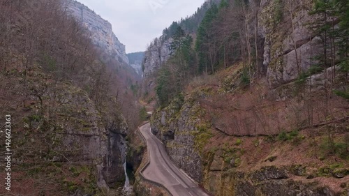 Aerial shot over rocky gorge near Villard-de-Lans. Aerial drone video