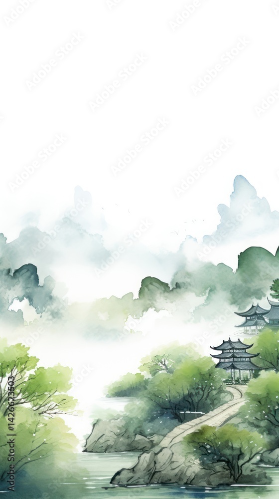 Fototapeta premium Chinese village in green mountains backgrounds landscape outdoors.