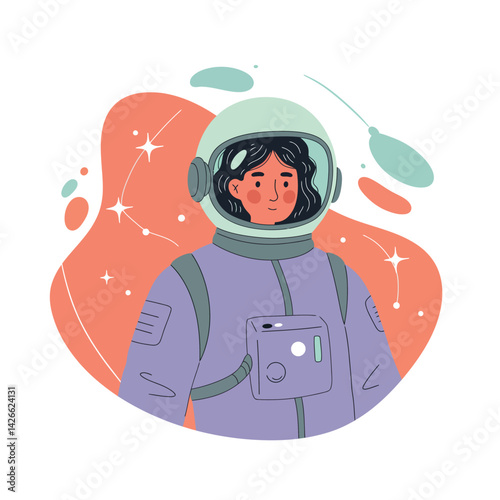 Female astronaut in space suit with starry constellation background vector illustration 