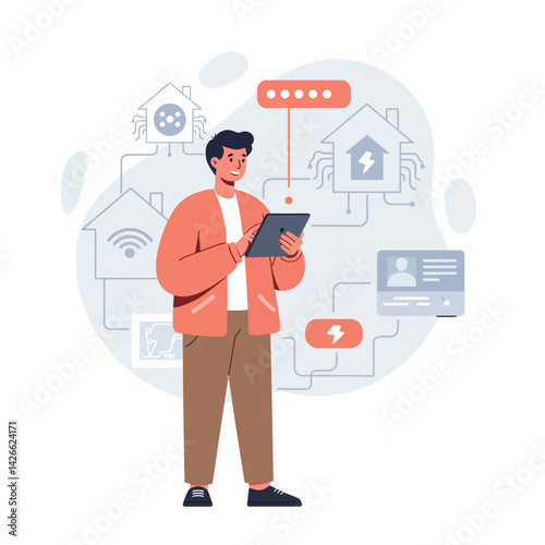 Man using tablet controlling smart home devices with network icons and technology connection illustration vector 
