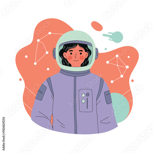 Female astronaut in space suit with abstract constellation background vector illustration 