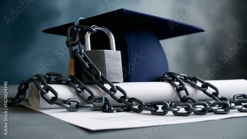 Student loans debt collection, Graduation cap locked with chains and padlock on a diploma scroll.