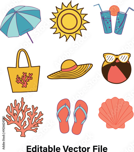 Summer Beach Vector Icon Set – Editable Holiday Clipart for Travel and Vacation Designs