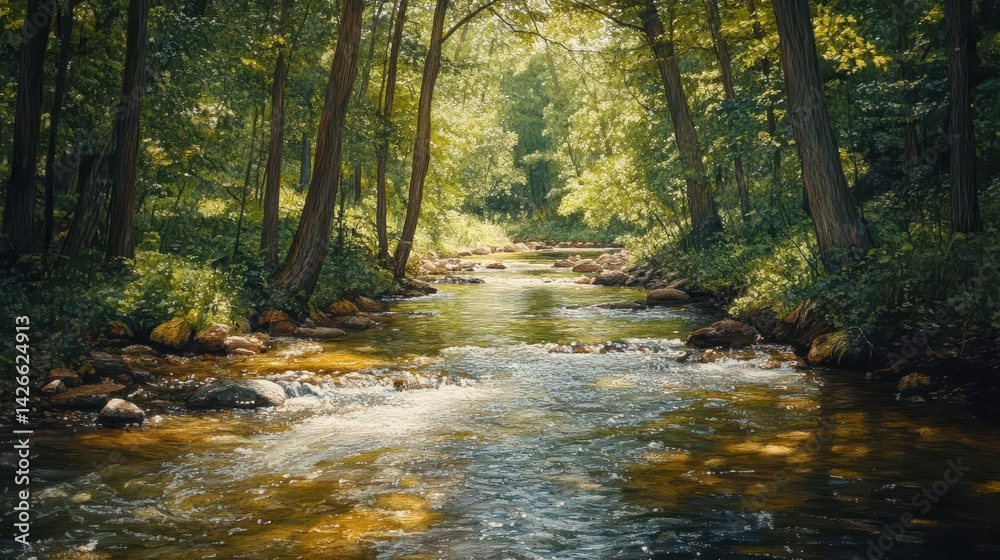 Obraz premium Sunlight streams through the trees, illuminating a clear river flowing through a lush forest.