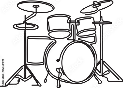 Minimalist line art of a drum set in black and white