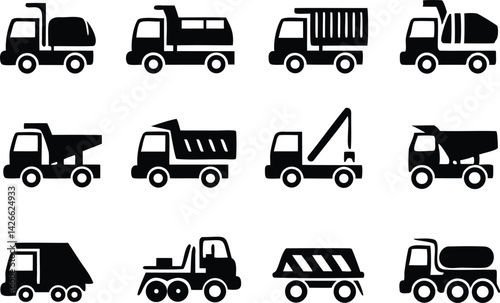 Black silhouettes of various construction trucks including dumpers, mixers, tankers, and loaders — perfect for industrial, transport, or worksite themes

