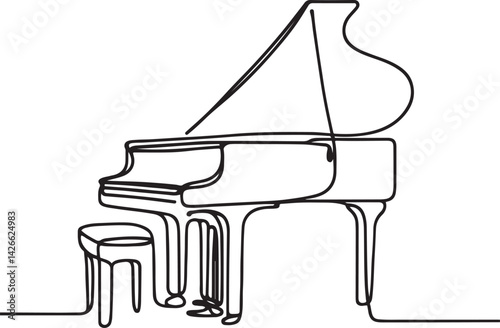 Elegant minimalist one-line drawing of grand piano and stool