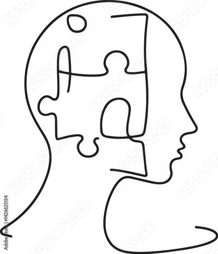 Abstract line art of human profile with puzzle pieces in minimalist style