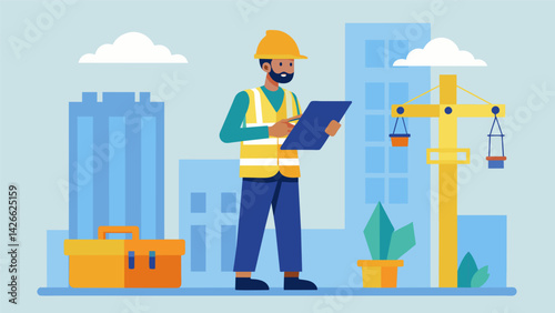 On a bustling construction site a clipboardclad site manager inspects the safety gear of workers and provides adjustments and replacements as needed.. Vector illustration