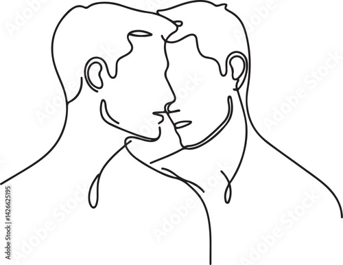 Minimalist line art of two young caucasian males embracing