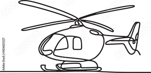 Minimalist continuous line drawing of helicopter in profile view