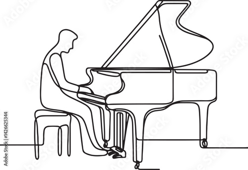 Continuous line drawing of person playing grand piano