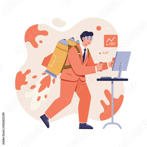 Businessman with jetpack flying and working on computer multitasking in office environment vector illustration 
