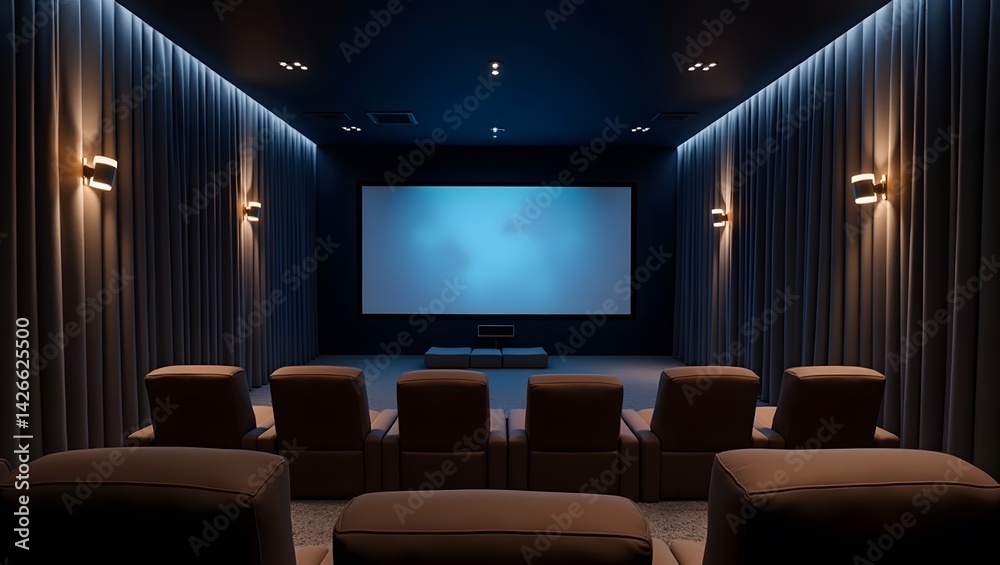 Home theater with recliner seats and giant screen.