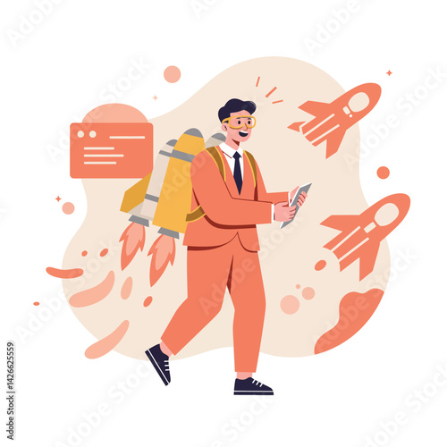 Businessman with jetpack using smartphone launching rocket success concept vector illustration in orange tones 