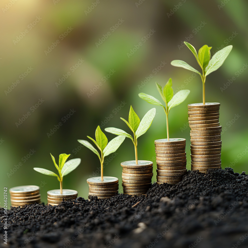 Growing Plants on Stacked Coins. Financial concept