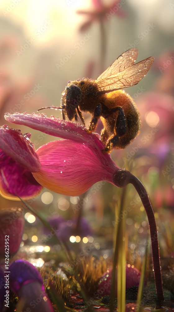 3D Bee on a Giant Flower in Hyperrealistic Nature Scene