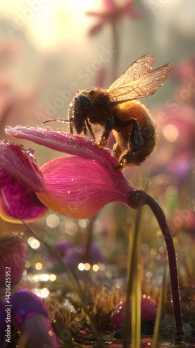 Obraz na płótnie 3D Bee on a Giant Flower in Hyperrealistic Nature Scene w salonie