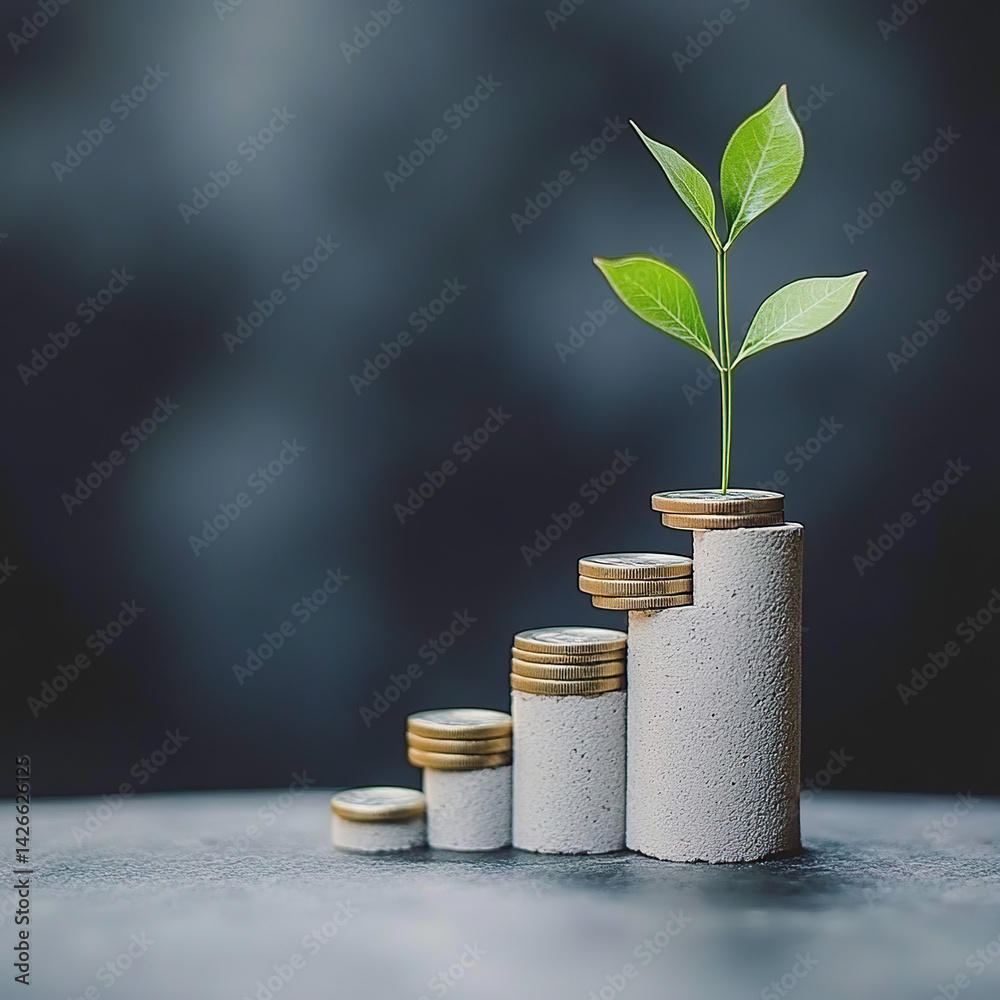 Growing Plant on Stacked Coins. Financial concept