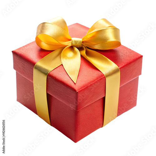 Red gift box tied with yellow ribbon isolated on white background photo