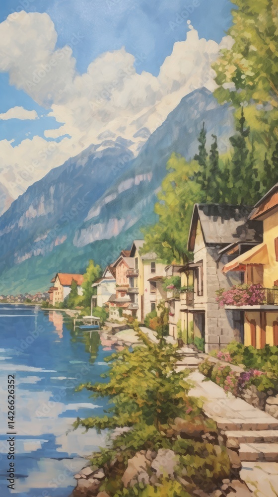 Fototapeta premium Landscape painting town lake.