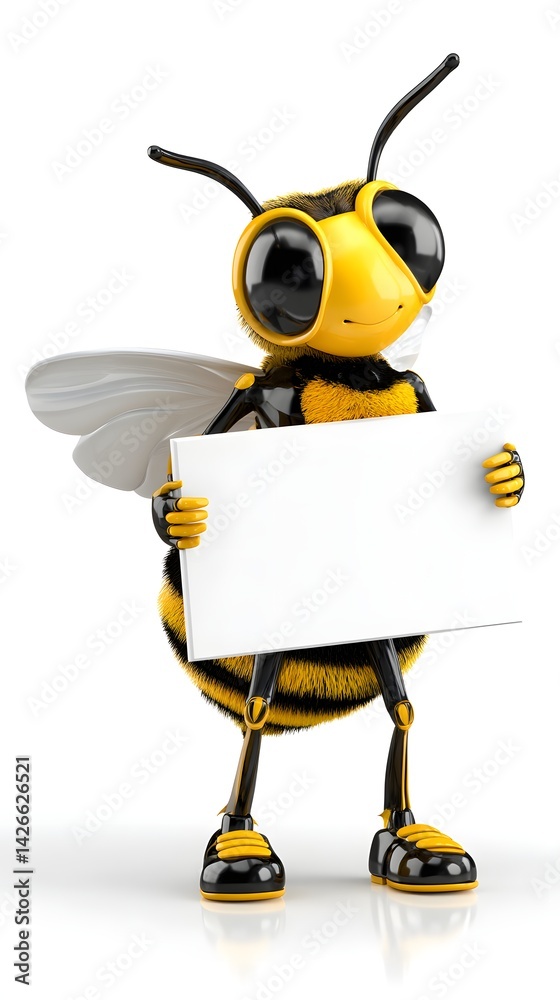 Business Bee Mascot 3D Character Holding a Sign