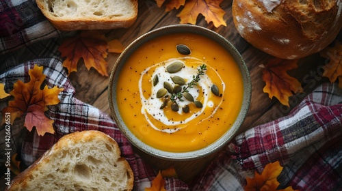 Obraz na płótnie Autumn Comfort Food: Pumpkin Soup with Roasted Seeds and Rustic Bread w salonie
