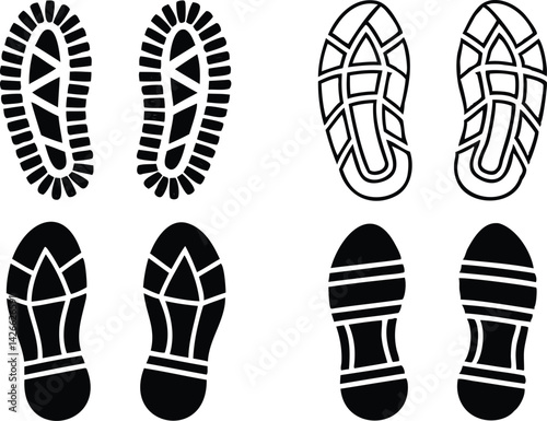 Collection of different shoe sole print silhouettes and outlines, perfect for footwear icons, hiking gear visuals, or trail tracking illustrations