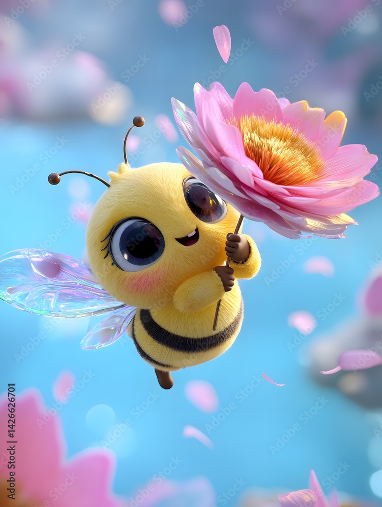 3D Cartoon Bee Flying with a Flower in Its Hands