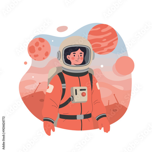 Astronaut in orange space suit exploring red planet with planets in background vector illustration 