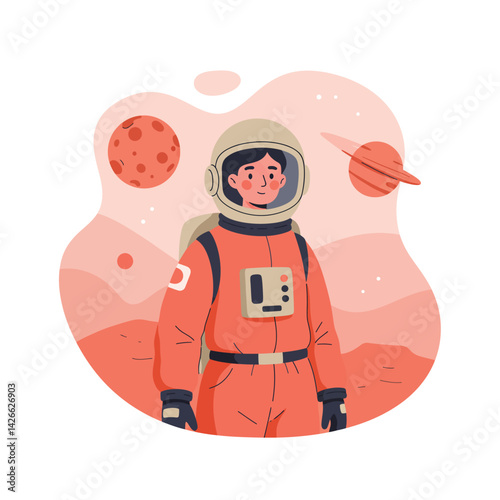 Female astronaut in orange space suit exploring red planet with distant planets and stars vector illustration 