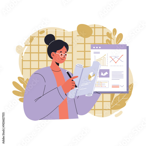 Businesswoman analyzing financial reports and charts with glasses in modern office environment vector illustration 