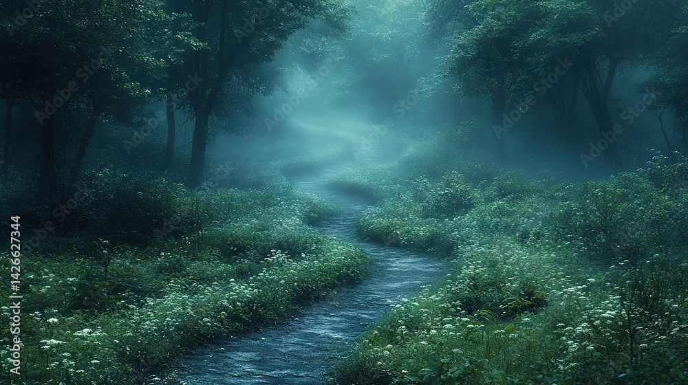 Obraz premium Misty forest path winding through lush greenery