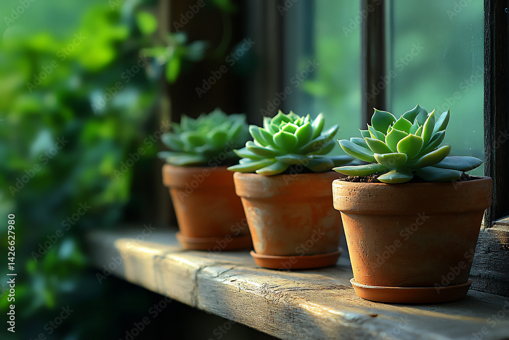 Fototapeta premium serene window sill with succulents and soft light,