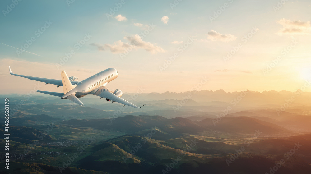 Naklejka premium A private jet soars gracefully over a vast landscape of rolling hills and distant mountains bathed in the warm glow of a setting sun on a clear, tranquil day.