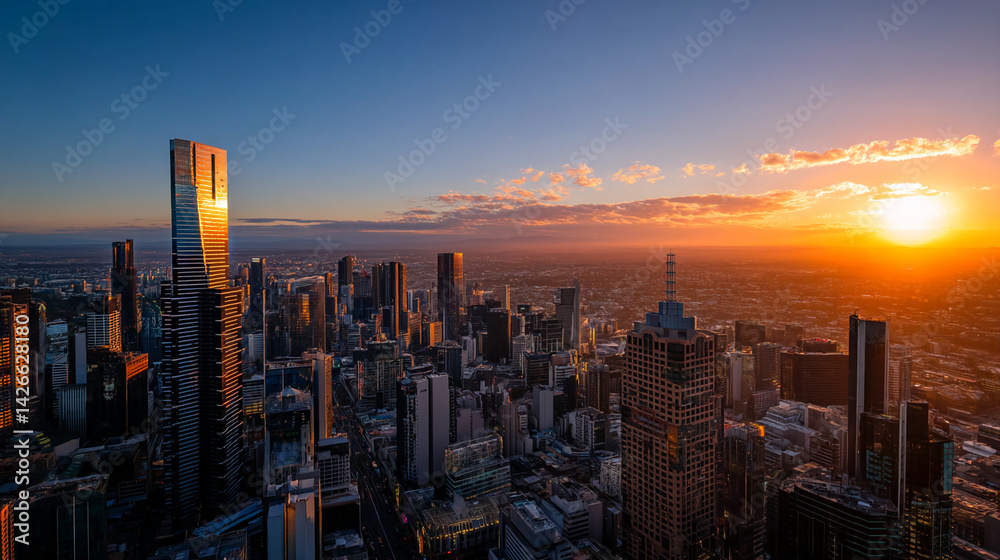 Obraz premium Aerial sunset view of city skyline, skyscrapers illuminated by golden hour light, showcasing urban landscape, architecture, and modern city development
