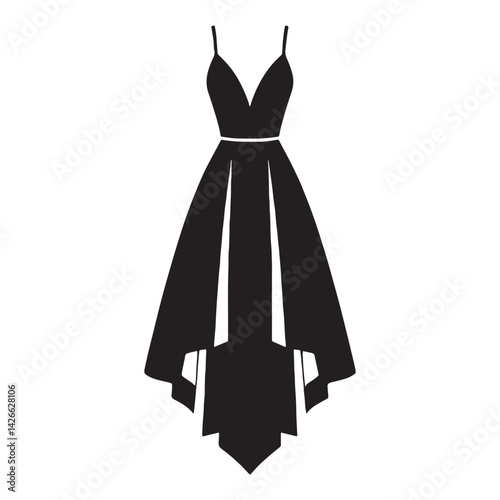 Graceful High-Low Dress silhouette, elegant front-to-back flow – High-Low Dress illustration – Minimalist High-Low Dress vector – Ladies dress silhouette

