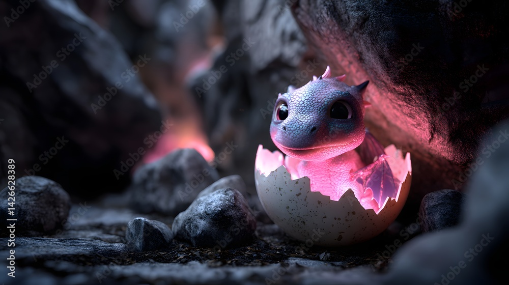 Hatching Wonder: Adorable Baby Dragon Emerging from a Fiery Egg