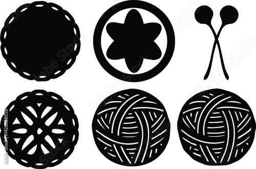Set of yarn balls, knitting needles, and sewing-themed silhouettes in vector style for crafting, handmade textiles, and DIY hobby illustrations
