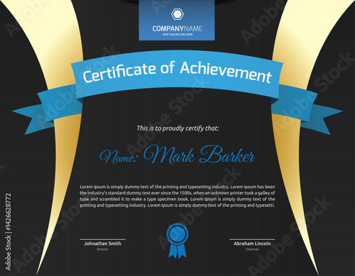 Achievement Certificate: An elegant certificate of achievement, displaying the text "Certificate of Achievement" with a touch of gold ribbon and blue emblem, perfect for recognizing excellence.