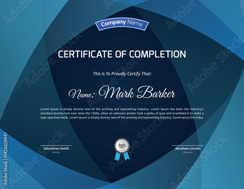 Certificate of completion: A certificate design for achievement, a sign of honor in shades of blue and professional design.