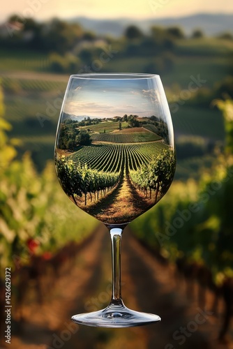 Blending of a wine glass with a vineyard, symbolizing refinement and the origin of wine