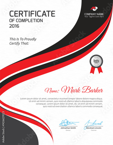 Certificate of Completion Design: Elegant certificate template with red and black wave design, ideal for achievement recognition. Features space for recipient name and signature.