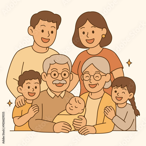 Cute Multi-Generation Family with Newborn Baby, Happy Grandparents and Parents Holding Infant in Flat Vector Style