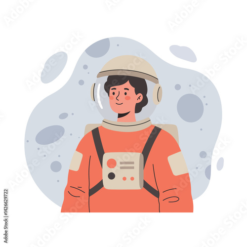 Male astronaut wearing orange space suit in outer space with moon craters background vector illustration 
