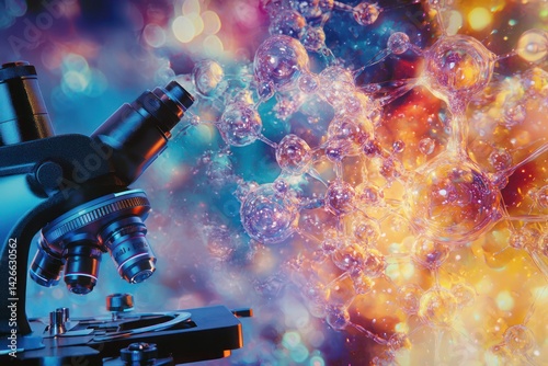 Combination of a microscope and molecular structures, depicting science and discovery