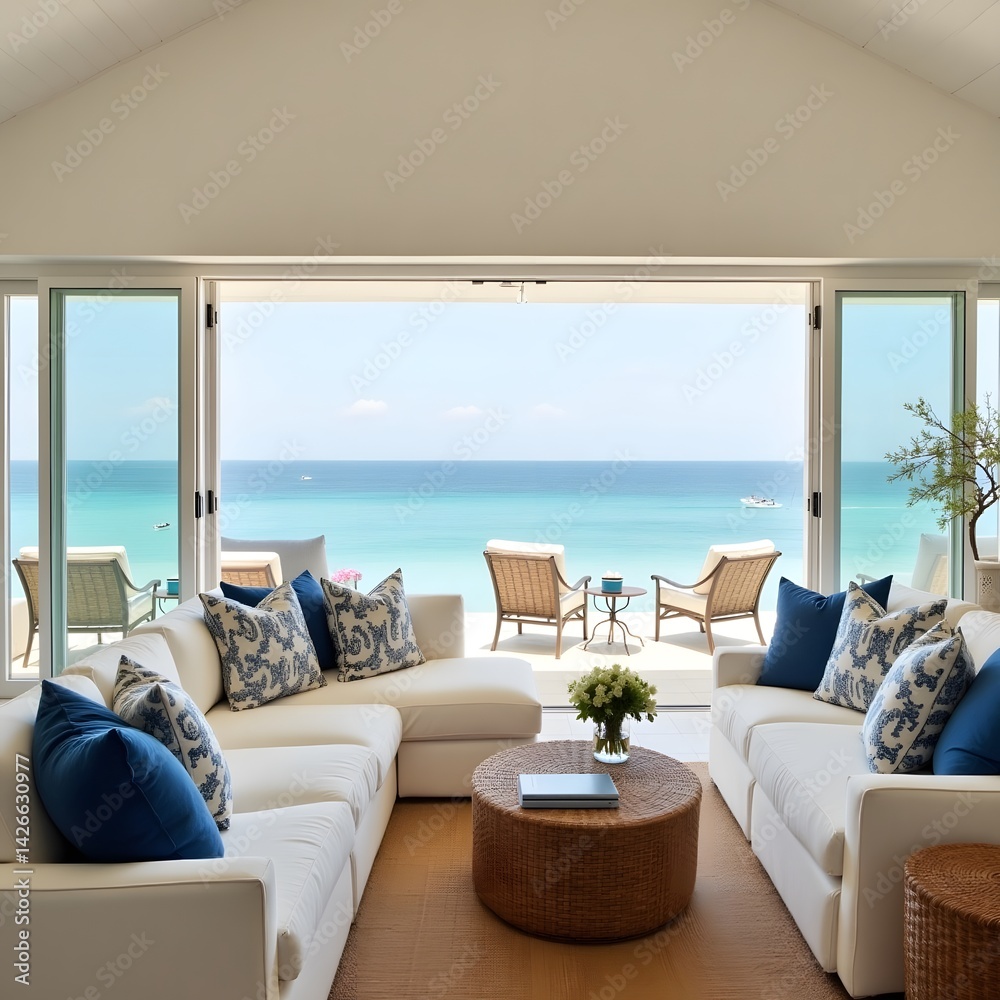 Greek-inspired white and blue interior with ocean view.