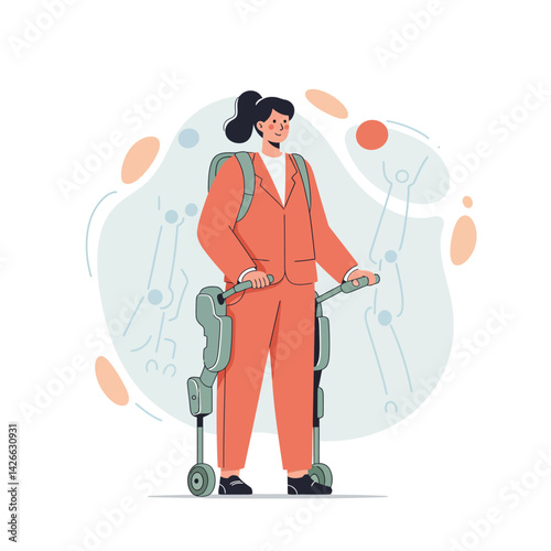 Woman Using Exoskeleton Device for Mobility Assistance in Modern Technology Illustration 
