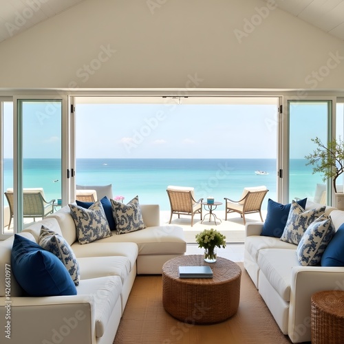 Obraz na płótnie Greek-inspired white and blue interior with ocean view. w salonie